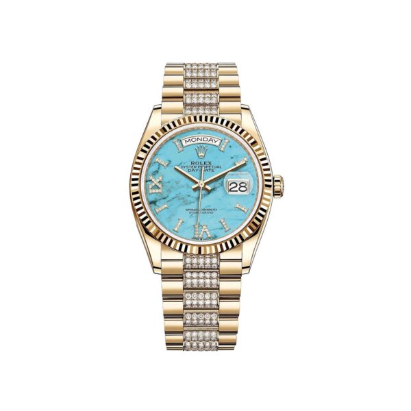 Rolex Day-Date 128238-0072 Mặt Số Đá Turquoise Cọc Số La Mã 36mm