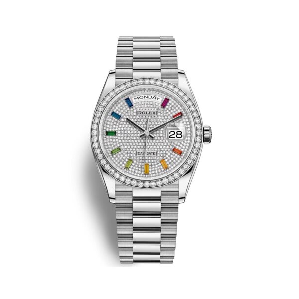 Rolex Day-Date 128349RBR-0006 Mặt Số Kim Cương Cọc Số Sapphire Rainbow 36mm