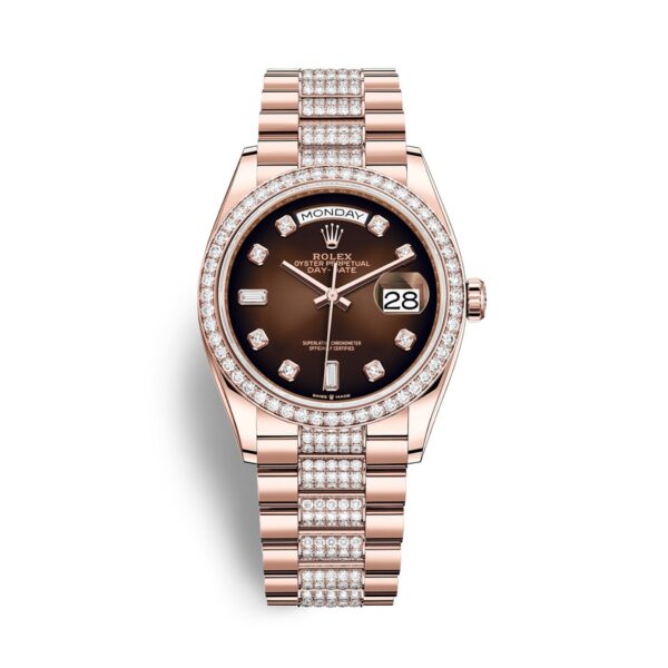 Rolex Day-Date 128345RBR-0041 Mặt Số Ombre Chocolate Cọc Số Kim Cương 36mm