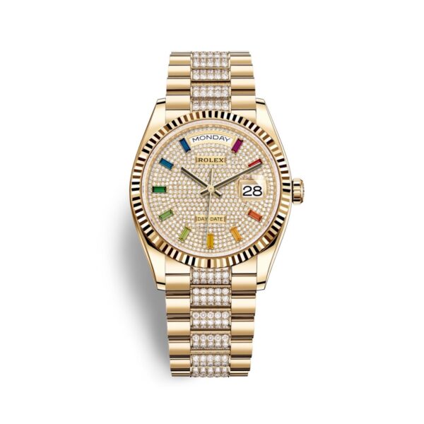 Rolex Day-Date 128238-0052 Mặt Số Kim Cương Cọc Số Sapphire Rainbow 36mm